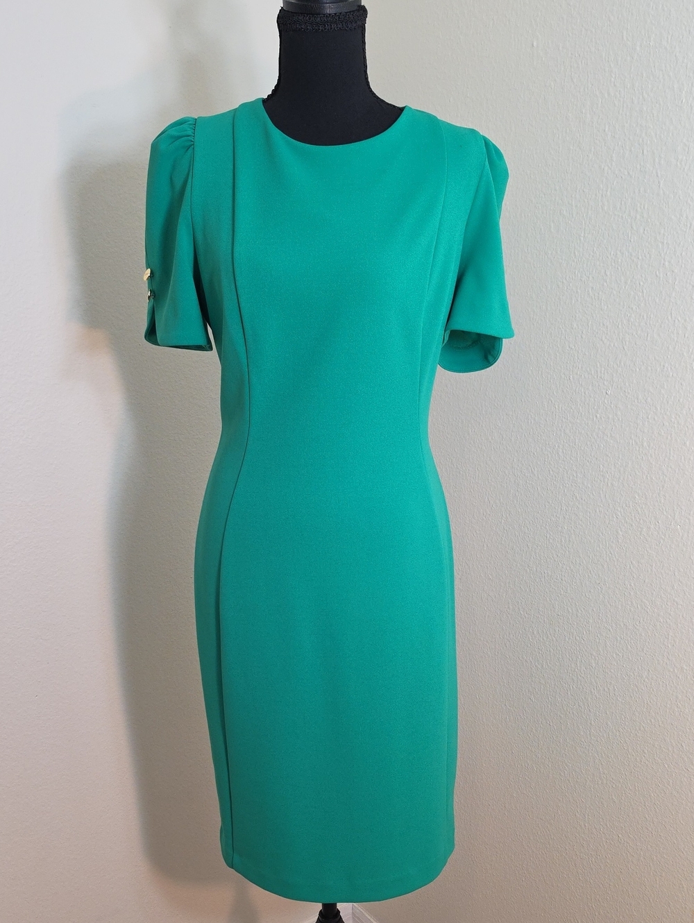 DKNY Green Midi Sheath Dress with Puff Short Sleeves
